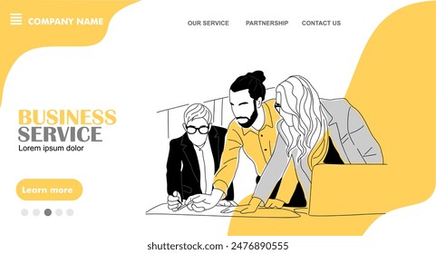 Business service concept landing page. Website template with business team members, men and women working together. Flat graphic outline sketch vector illustration. Hand drawn, not AI generated