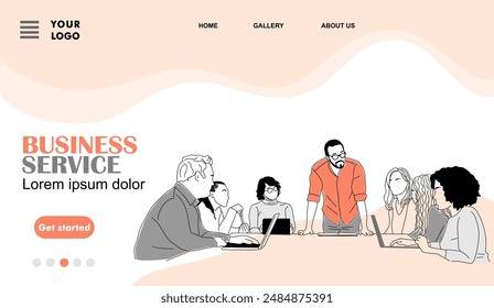 Business service concept landing page. Website template with business team members, men and women working together. Flat graphic outline sketch vector illustration in black and peach colors.