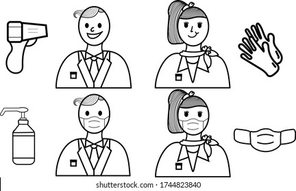 Business Service Employee, Airline Staff ,hotel Staff Front, Reception ,mask ,alcohol Gel ,glove Infrared Forehead Thermometer, Icon Cartoon ,coronavirus Covid19