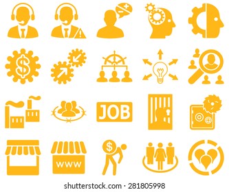 Business, service, management icons. These flat symbols use yellow color. Images are isolated on a white background. Angles are rounded.