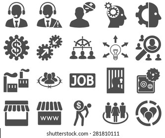 Business, service, management icons. These flat symbols use gray color. Images are isolated on a white background. Angles are rounded.