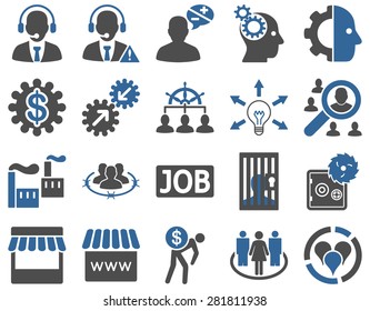 Business, service, management icons. These flat bicolor symbols use cobalt and gray colors. Images are isolated on a white background. Angles are rounded.
