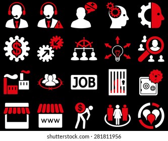 Business, service, management icons. These flat bicolor symbols use red and white colors. Images are isolated on a black background. Angles are rounded.