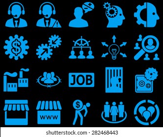 Business, service, management icons. These flat symbols use blue color. Images are isolated on a black background. Angles are rounded.