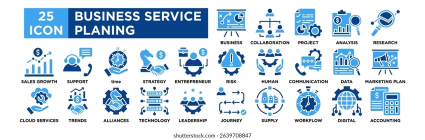 Business Service planing icon collection set. Business Plan, Team Collaboration, Project Management, Financial Analysis, Market Research