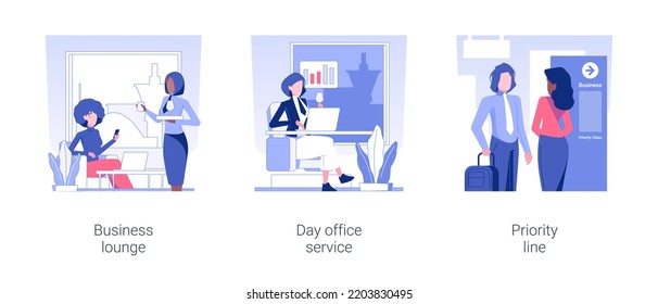 Business services in the airport isolated concept vector illustration set. Business lounge, day office service, priority line, airport departure hall, business class travel vector cartoon.