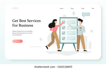 Business services concept. Idea of supporting business at any stage of its development. Assistance providing accounting, tax, management, and legal support of business. Vector web banner concept