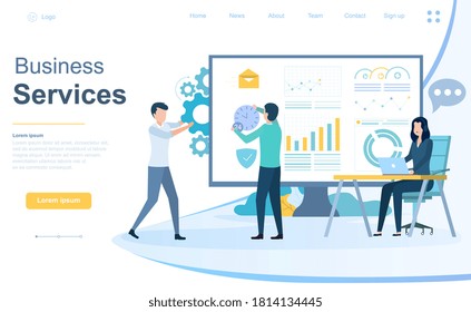 Business Services and Consultancy concept with a group of advisers working on analytical graphs and gears in a web page template, colored vector illustration