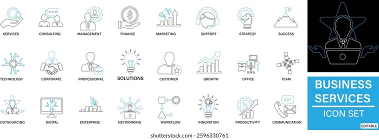Business Services icon set business, services, consulting, management, finance, marketing, support You can easily change the color