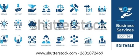 Business Services icon set features essential elements like customer support, digital solutions, cloud services, remote work, and more. Perfect for web design, presentations, and mobile apps.