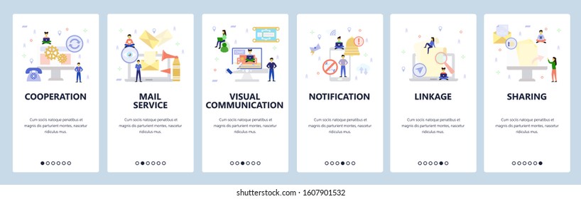 Business services, online chat and communication, phone notification. Mobile app onboarding screens. Menu vector banner template for website and mobile development. Web site design flat illustration.