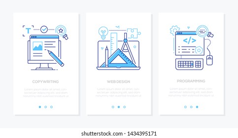 Business and services - set of linear style vertical web banners on white background with copy space for text. Images of computer, coding, graphic tools, laptop. Copywriting, web design, programming