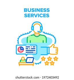 Business Services And Support Vector Icon Concept. Operator Advice Online Helping Client And Discussing Through Telephone, Analyzing Financial Chart Business Services Color Illustration