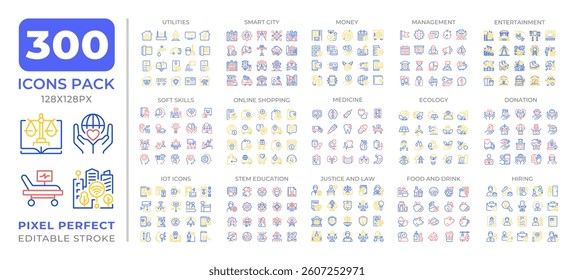 Business and services two color line icons set collection. Technology integration in industries development bicolor outline mega pack isolated, pixel perfect. Duotone thin lineart. Editable stroke