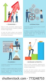 Business set banners vector illustration of male and female employees holding large arrow, spinning gear, planning future projects,increasing profits