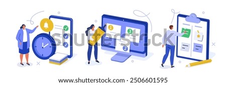 Business set. Characters managing, prioritizing and delegating important work tasks, filling to do list. Business and organization concept. Vector illustration.