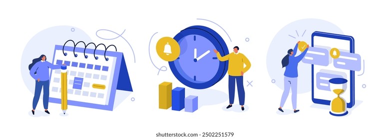 Business set. Characters planning schedule and work time. Task management and productivity concept. Vector illustration.