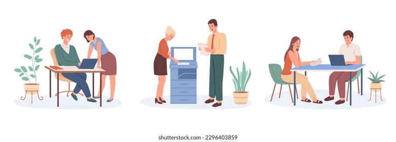 Grupo de trabajo de colegas que trabajan en diferentes oficinas en compañía. Concepto de gestión del tiempo de los trabajadores que realizan trabajo de oficina, imprimen documentos en la impresora, hablan por teléfono. Ilustración vectorial en diseño plano