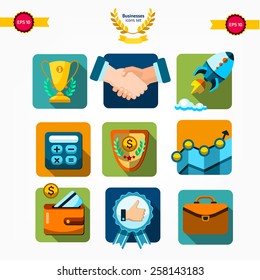 Business set collection, icons in flat design, shield, winner, insurance, cup, wreath, start up, rocket, like, handshake 