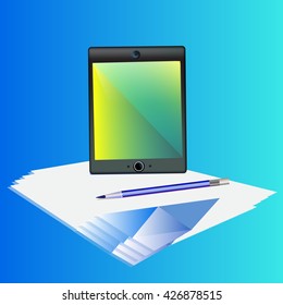 Business set with computer, pencil and paper. Vector illustration in blue shades.
