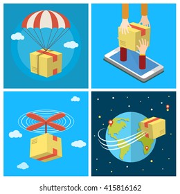 Business set. Concept of delivery service. Delivery by air. Mobile delivery. Flat design colored vector illustration.