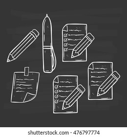 business set to do list paper with pencil and pen using doodle art on chalkboard background