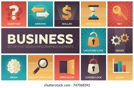 Business - Set von flachen Design-Infografiken Elemente. Metaphorische Quadrat-Symbole. Frage, Pfeile, Dollar, Stundenglas, Schlüssel, entsperrtes und verschlossenes Schloss, Zahnräder, Gehirn, Vergrößerungsglas, offene Tür, Graphen