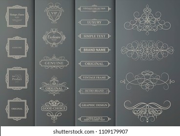 Business set flourish frames and vintage decoration for text blocks. Decorative royal elements on gray cardboard for decoration of title in vector. Wicker lines and business text element