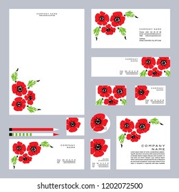 Business set with hand drawn red poppies. Remembrance Day card. Vector illustration.