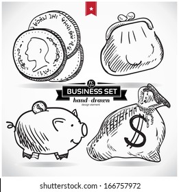 Business set  hand drawn, sketchy vector illustration; isolated on background.