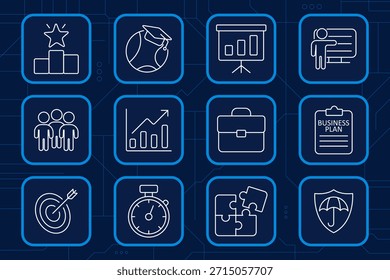 Ícone de conjunto de negócios. Gráfico, alvo, pasta, cronômetro, trabalho em equipe, apresentação, plano, quebra-cabeça, crescimento, sucesso, gerenciamento, finanças, educação, proteção.
