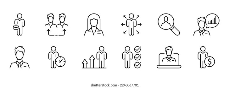 Business set icon. Clipboard, magnifying glass, hierarchy, lamp, idea, creativity, calendar, teamwork, workflow, target, portfolio, briefcase. Infographic concept. Vector line icon on white background