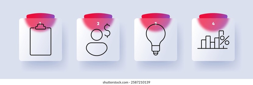 Business set icon. Clipboard, user with dollar sign, lightbulb, bar chart with percentage, management, finance, analytics, strategy, statistics, innovation