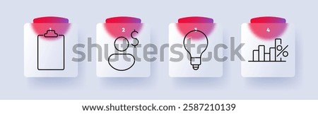 Business set icon. Clipboard, user with dollar sign, lightbulb, bar chart with percentage, management, finance, analytics, strategy, statistics, innovation