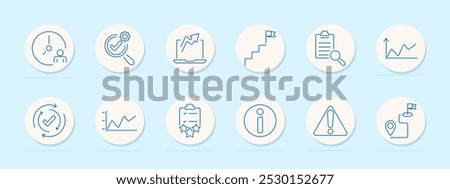 Business set icon. Clock, magnifying glass with gear, laptop with chart, flag on steps, clipboard with magnifying glass, graph, circular arrows with checkmark, star checklist, information