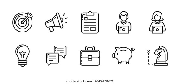 Business set icon featuring outline‑style versions of 10 key business icons including target, announcement, task, employees, inspiration, communication, briefcase, piggy bank, strategy in vector.