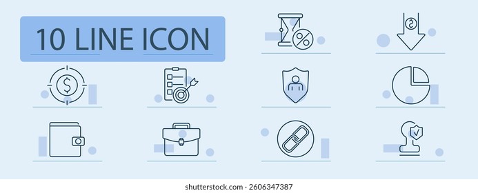 Business set icon. Goal, timer, shield, chart, wallet, portfolio, link, certificate, finance, analysis, planning, protection, target, budget, management, economics, savings, connection.