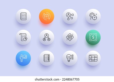 Business set icon. Management, gear, hierarchy, lamp, idea, creativity, calendar, teamwork, workflow, target, portfolio, briefcase. Infographic concept. Neomorphism style. Vector illustration
