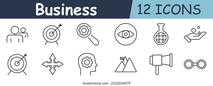 Business set icon. People, target, gear, magnifier, vision, flask, hand, arrow, head, mountain, speaker, binoculars, goal, strategy, research.