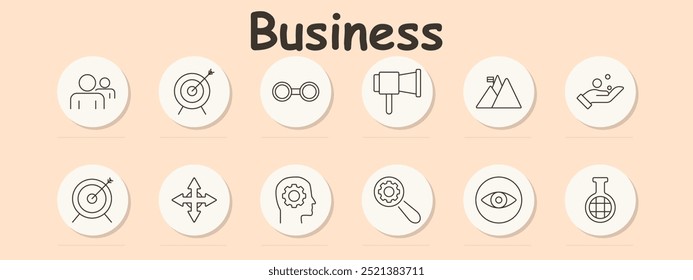Business set icon. Team, target, glasses, megaphone, mountains, hand with coins, strategy, direction, cog, search, eye, global analysis.