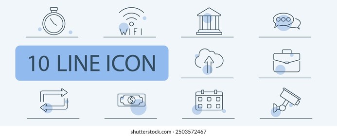 Business set icon. Time, Wi-Fi, bank, cloud, chat, briefcase, transfer, money, calendar, security, finance, communication, network, digital, transaction, office.