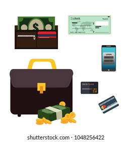 Business set icon. Wallet with money, phone, credit cards. Vector