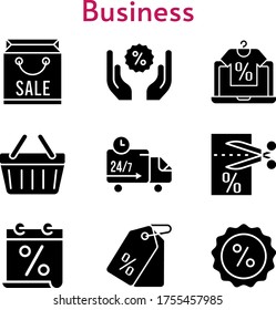 business set. included calendar, shopping bag, online shop, voucher, price tag, discount, shopping-basket, delivery truck icons. filled styles.