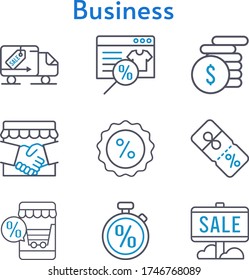 business set. included online shop, handshake, sale, money, discount, delivery truck, stopwatch icons. bicolor styles.