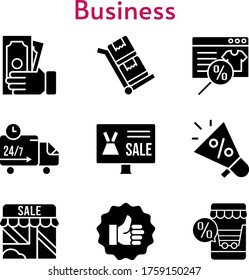 business set. included online shop, megaphone, shop, money, like, delivery truck, trolley icons. filled styles.