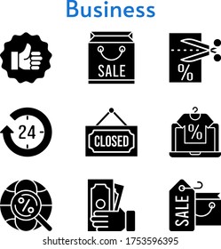 business set. included shopping bag, online shop, 24-hours, money, like, voucher, closed, internet icons. filled styles.