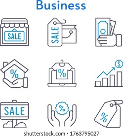 business set. included shopping bag, online shop, profits, sale, shop, mortgage, money, price tag, discount icons. bicolor styles.