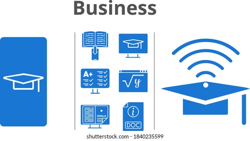 business set. included student-smartphone, ebook, cap, test, maths, doc, student-desktop icons. filled styles.