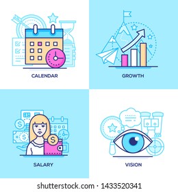 Business - set of line design style colorful illustrations. Pink and blue images of a calendar, diagrams, female worker, eye. Time management, analytics, financial success, salary and vision concepts