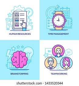 Business - set of line design style colorful illustrations. Pink and blue images of resumes, watch and calendar, brain, lightbulb. Human resources, time management, brainstorming, teamwork concepts